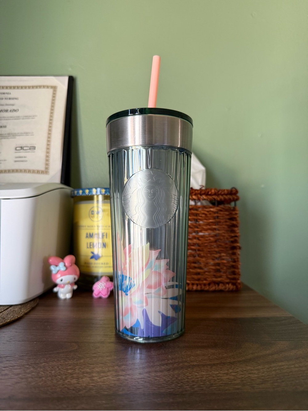 Starbucks Blue and Pink Floral Stainless Tumbler with Straw